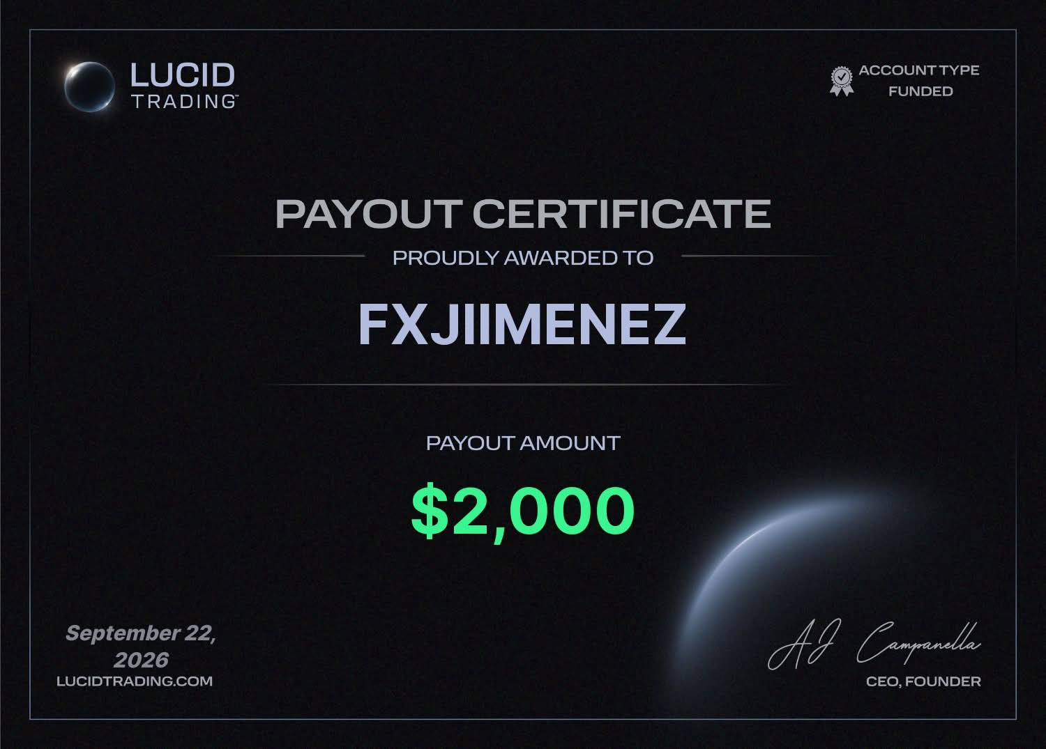 Certificado de payout de Lucid Trading por 2.000 dólares, emitido el 22 de septiembre de 2026