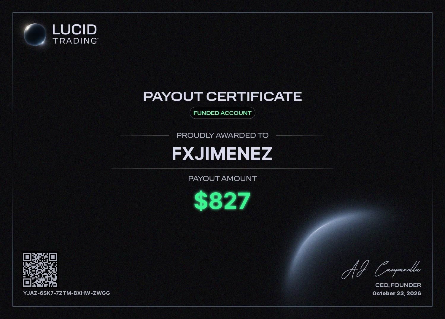 Certificado de payout de Lucid Trading por 827 dólares, emitido el 23 de octubre de 2026